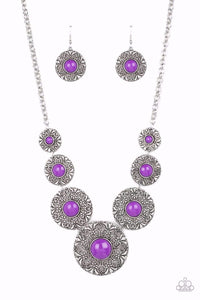 GARDEN GLADE - YELLOW BEAD FLORAL EMBOSSED SILVER DISC NECKLACE - PAPARAZZI