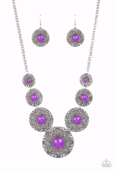 GARDEN GLADE - YELLOW BEAD FLORAL EMBOSSED SILVER DISC NECKLACE - PAPARAZZI
