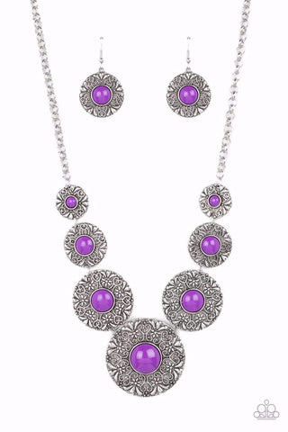 GARDEN GLADE - YELLOW BEAD FLORAL EMBOSSED SILVER DISC NECKLACE - PAPARAZZI