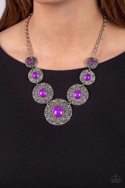 GARDEN GLADE - YELLOW BEAD FLORAL EMBOSSED SILVER DISC NECKLACE - PAPARAZZI