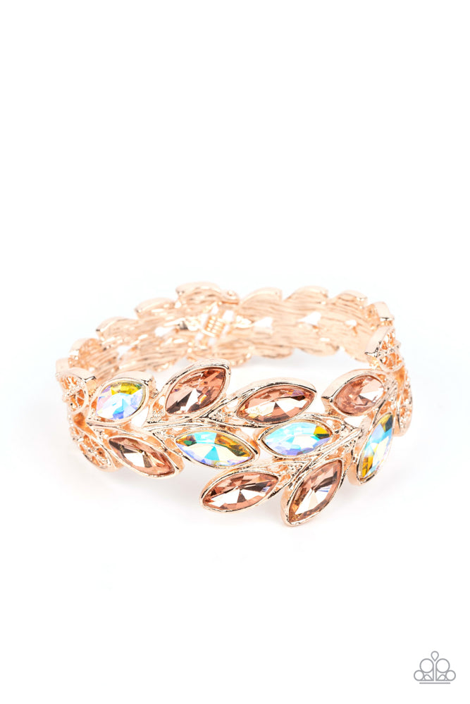 LUMINOUS LAURELS - ROSE GOLD IRIDESCENT GEM FLORAL HINGED BRACELET - PAPARAZZI - LIFE OF THE PARTY JULY 2023
