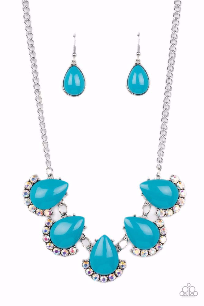 ETHEREAL EXAGGERATIONS - BLUE BEAD IRIDESCENT RHINESTONE SILVER NECKLACE - PAPARAZZI