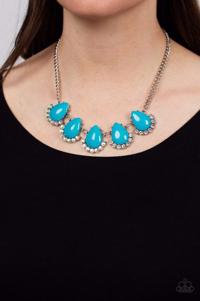 ETHEREAL EXAGGERATIONS - BLUE BEAD IRIDESCENT RHINESTONE SILVER NECKLACE - PAPARAZZI