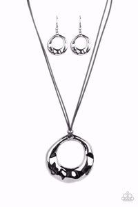 TECTONIC TREASURE - BLACK CORD GUNMETAL CIRCLE SHORT NECKLACE - PAPARAZZI