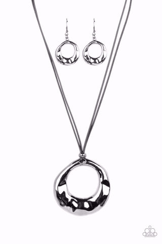 TECTONIC TREASURE - BLACK CORD GUNMETAL CIRCLE SHORT NECKLACE - PAPARAZZI