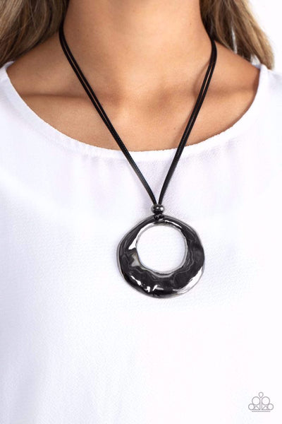 TECTONIC TREASURE - BLACK CORD GUNMETAL CIRCLE SHORT NECKLACE - PAPARAZZI