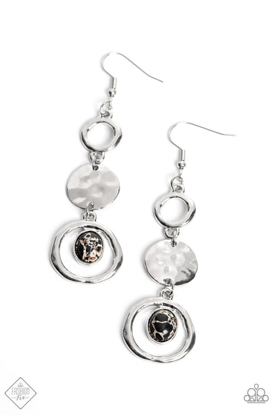 MARBLE MONTAGE - BLACK STONE SILVER CIRCLE EARRINGS - PAPARAZZI FASHION FIX DECEMBER 2022