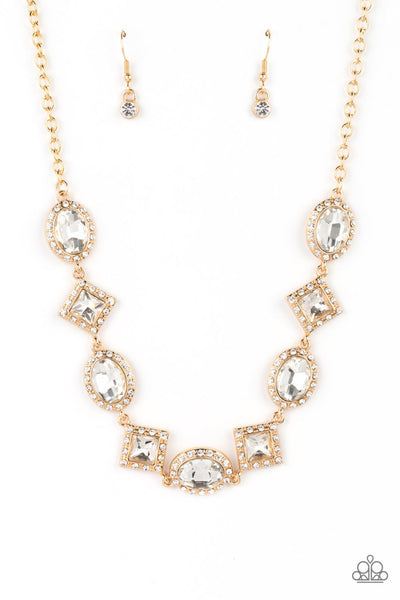DIAMOND OF THE SEASON - GOLD SQUARE AND OVAL WHITE GEM SHORT NECKLACE - PAPARAZZI