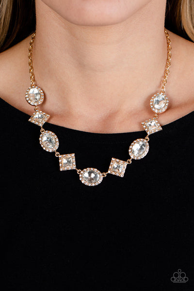 DIAMOND OF THE SEASON - GOLD SQUARE AND OVAL WHITE GEM SHORT NECKLACE - PAPARAZZI