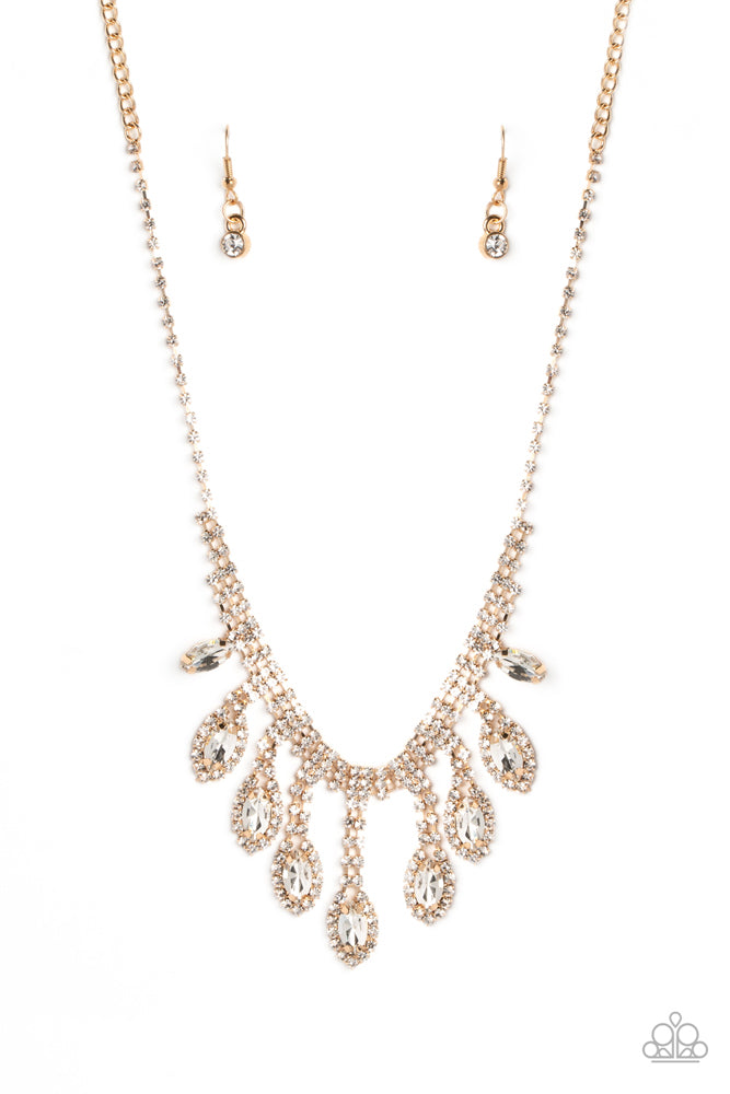 REIGNING ROMANCE - GOLD WHITE RHINESTONE NECKLACE - PAPARAZZI