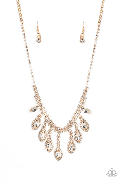 REIGNING ROMANCE - GOLD WHITE RHINESTONE NECKLACE - PAPARAZZI