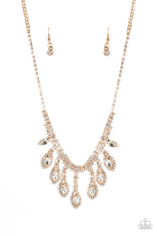 REIGNING ROMANCE - GOLD WHITE RHINESTONE NECKLACE - PAPARAZZI