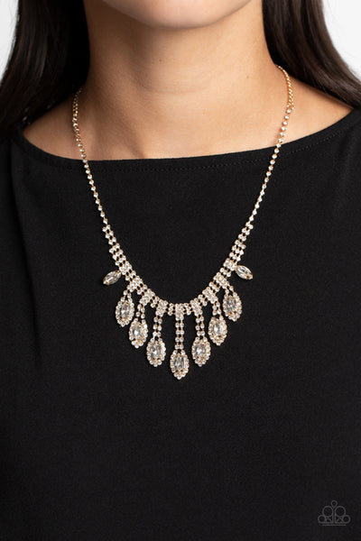 REIGNING ROMANCE - GOLD WHITE RHINESTONE NECKLACE - PAPARAZZI