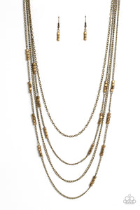 METALLIC MONARCH - BRASS CUBE BEAD LAYERED LONG NECKLACE - PAPARAZZI