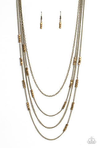 METALLIC MONARCH - BRASS CUBE BEAD LAYERED LONG NECKLACE - PAPARAZZI