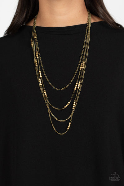 METALLIC MONARCH - BRASS CUBE BEAD LAYERED LONG NECKLACE - PAPARAZZI