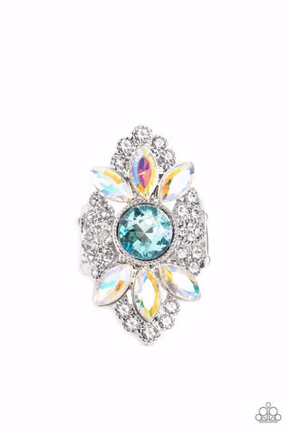 GLISTEN HERE! - BLUE GEM IRIDESCENT AND WHITE RHINESTONE SILVER RING - PAPARAZZI - LIFE OF THE PARTY JULY 2023 Regular price