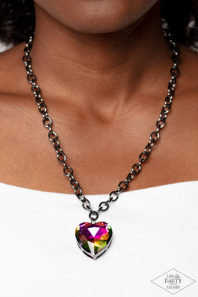 FLIRTATIOUSLY FLASHY - MULTI OIL SPILL HEART GEM GUNMETAL SHORT NECKLACE - PAPARAZZI