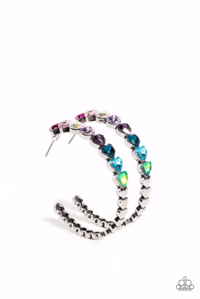 HYPNOTIC HEART ATTACK - MULTI COLOR HEART GEM SILVER HOOP EARRINGS - PAPARAZZI - LIFE OF THE PARTY JUNE 2023