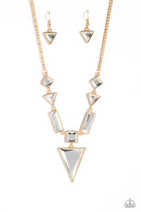FETCHINGLY FIERCE - GOLD WHITE TRIANGLE GEM SHORT NECKLACE - PAPARAZZI - LIFE OF THE PARTY JULY 2023
