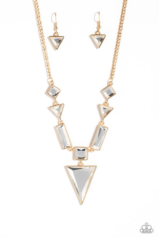 FETCHINGLY FIERCE - GOLD WHITE TRIANGLE GEM SHORT NECKLACE - PAPARAZZI - LIFE OF THE PARTY JULY 2023