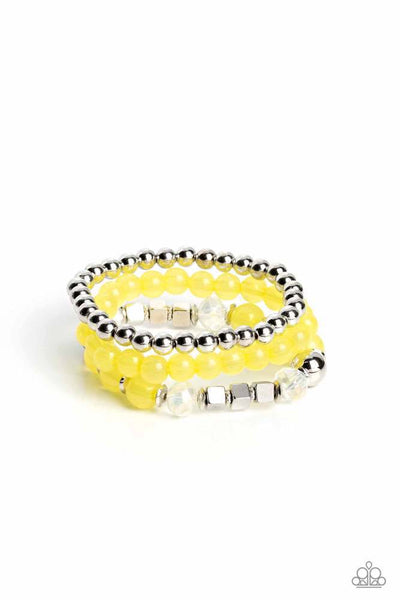 CUBE YOUR ENTHUSIASM -YELLOW AND SILVER BEAD STRETCHY BRACELET SET - PAPARAZZI