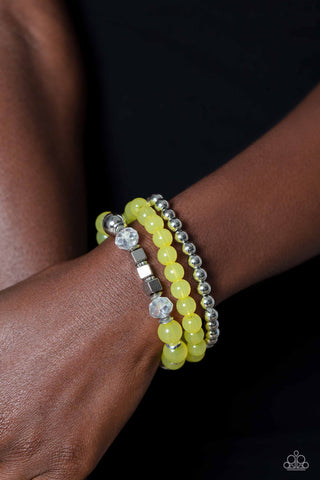 CUBE YOUR ENTHUSIASM -YELLOW AND SILVER BEAD STRETCHY BRACELET SET - PAPARAZZI