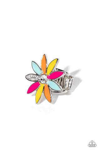 LILY LEI - MULTI COLOR PETAL WHITE GEM CENTER SILVER FLOWER RING - PAPARAZZI - LIFE OF THE PARTY JUNE 2023