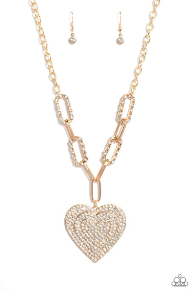 ROADSIDE ROMANCE - GOLD HEART WHITE RHINESTONE NECKLACE - PAPARAZZI LIFE OF THE PARTY APRIL 2023