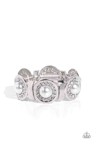 SUMMER SERENADE - WHITE PEARL RHINESTONE SILVER STRETCHY BRACELET - PAPARAZZI - LIFE OF THE PARTY JUNE 2023