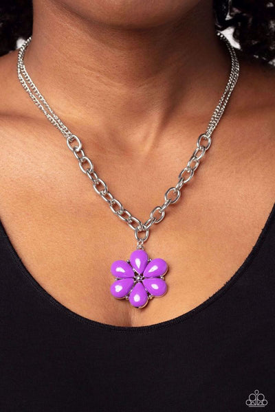 DAZZLING DAHLIA - PURPLE BEAD FLOWER SILVER NECKLACE - PAPARAZZI