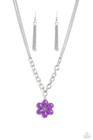 DAZZLING DAHLIA - PURPLE BEAD FLOWER SILVER NECKLACE - PAPARAZZI