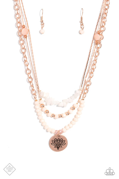 LOTUS LUXURY - ROSE GOLD FLOWER DISC WHITE STONE LAYERED SHORT NECKLACE - PAPARAZZI JUNE 2023