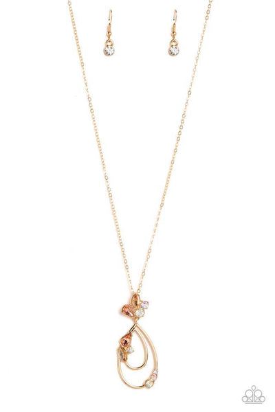 SLEEK SOPHISTICATION - GOLD TEARDROP IRIDESCENT RHINESTONE SHORT NECKLACE - PAPARAZZI