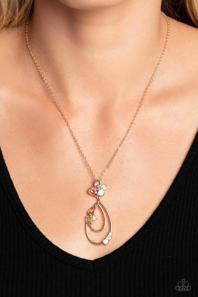 SLEEK SOPHISTICATION - GOLD TEARDROP IRIDESCENT RHINESTONE SHORT NECKLACE - PAPARAZZI