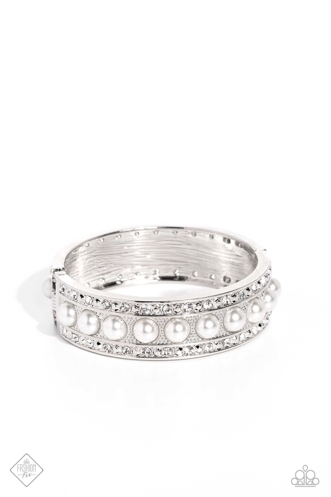 ABOUT A PEARL - WHITE PEARL SILVER HINGED BRACELET - PAPARAZZI JUNE 2023
