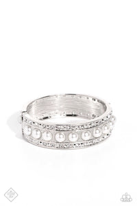 ABOUT A PEARL - WHITE PEARL SILVER HINGED BRACELET - PAPARAZZI JUNE 2023