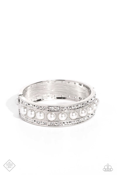 ABOUT A PEARL - WHITE PEARL SILVER HINGED BRACELET - PAPARAZZI JUNE 2023