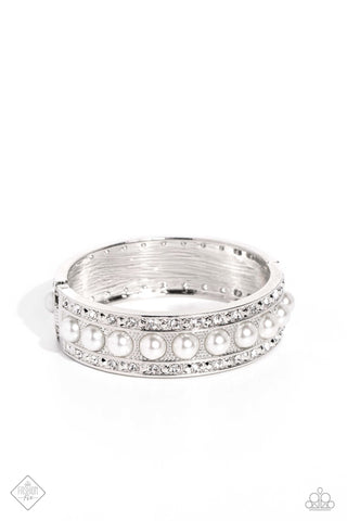 ABOUT A PEARL - WHITE PEARL SILVER HINGED BRACELET - PAPARAZZI JUNE 2023