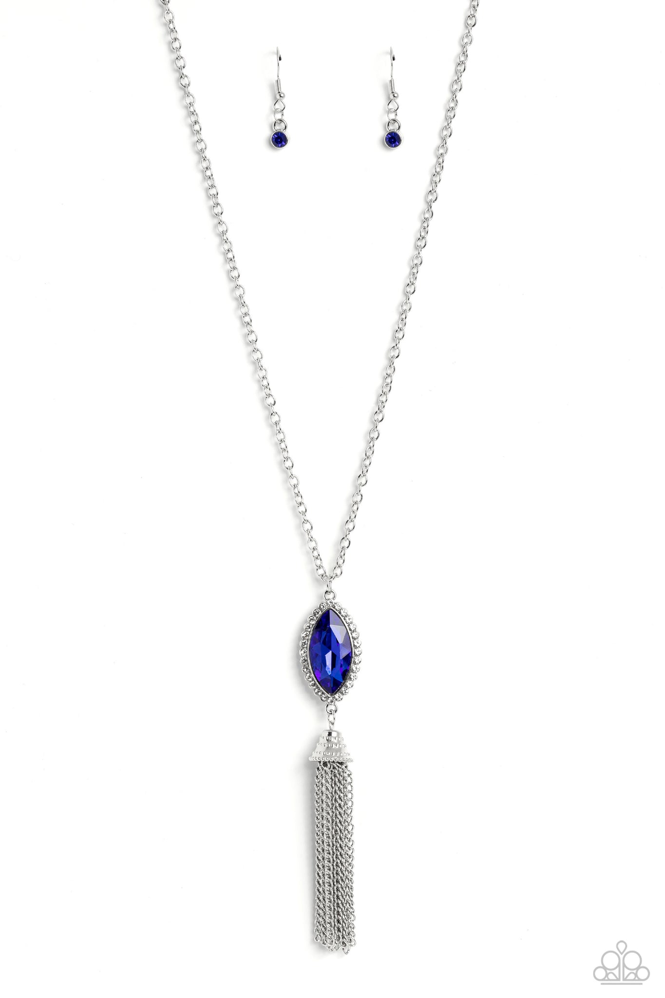 TASSEL TABLOID - BLUE GEM SILVER FRINGE LONG NECKLACE - PAPARAZZI