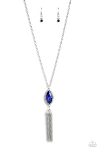 TASSEL TABLOID - BLUE GEM SILVER FRINGE LONG NECKLACE - PAPARAZZI