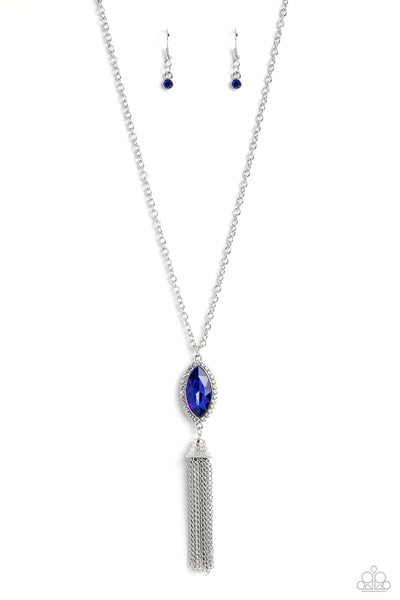 TASSEL TABLOID - BLUE GEM SILVER FRINGE LONG NECKLACE - PAPARAZZI