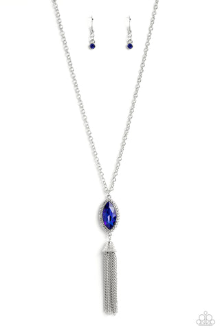 TASSEL TABLOID - BLUE GEM SILVER FRINGE LONG NECKLACE - PAPARAZZI