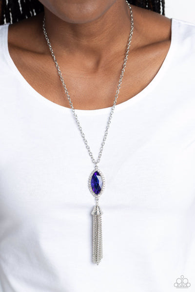 TASSEL TABLOID - BLUE GEM SILVER FRINGE LONG NECKLACE - PAPARAZZI
