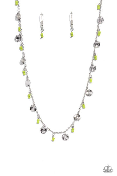 SAND DOLLAR SASS - GREEN SEED BEAD SILVER DAINTY SHORT NECKLACE - PAPARAZZI