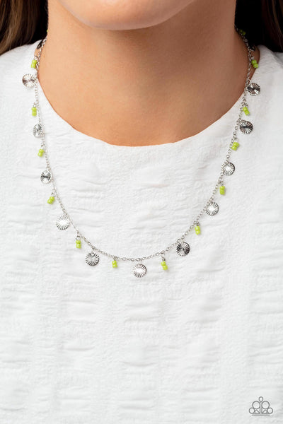SAND DOLLAR SASS - GREEN SEED BEAD SILVER DAINTY SHORT NECKLACE - PAPARAZZI