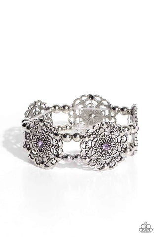 ORNAMENTAL OCCASION - PURPLE RHINESTONE SILVER FLORAL BRACELET - PAPARAZZI