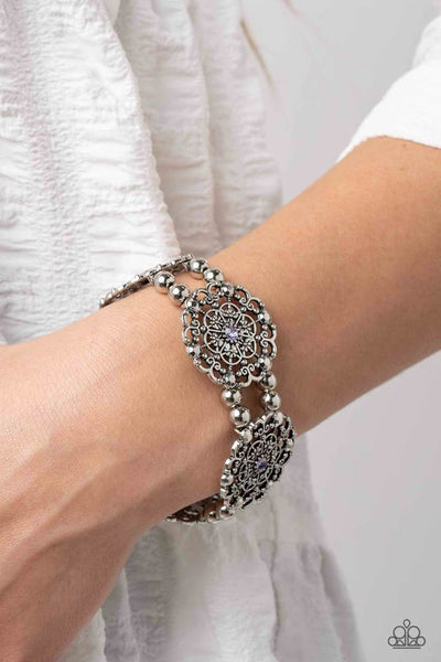 ORNAMENTAL OCCASION - PURPLE RHINESTONE SILVER FLORAL BRACELET - PAPARAZZI
