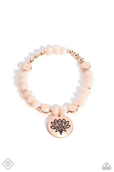 LEISURELY LOTUS - ROSE GOLD FLOWER WHITE BEAD STRETCHY BRACELET - PAPARAZZI JUNE 2023