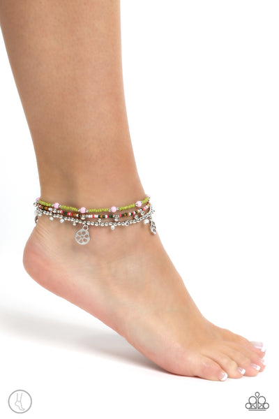 SURFING SAFARI - GREEN COLORFUL BEACH VIBE SILVER ANKLET - PAPARAZZI